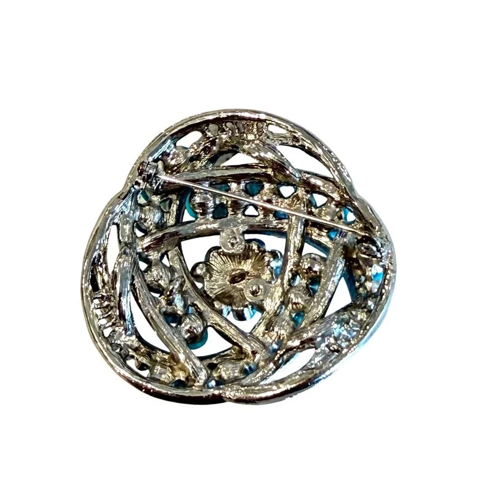 VTG Turquoise Rhinestone Spiral Brooch 2" Pendant Silver-Tone Intricate Swirl - Picture 3 of 4